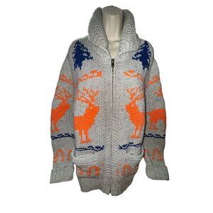 Cowichan Style Grey XL Chunky Wool Preppy Woodland  Knit Sweater Deer Classic